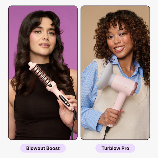 Two women using hair styling tools labeled 'Blowout Boost' and 'Turblow Pro' on a split background.