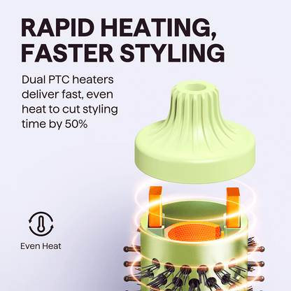 Green Blowout Boost Hair styling tool with dual PTC heaters and text about rapid heating and faster styling.