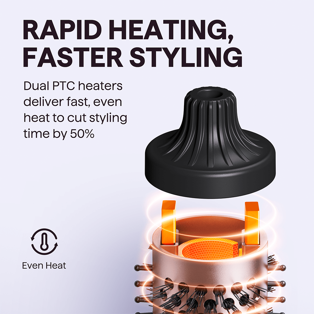 Rose Gold Blowout Boost hair tool with dual PTC heaters and text about rapid heating and faster styling.