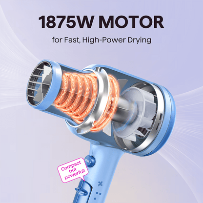 Blue Blown Away hair dryer with a powerful 1875W motor for fast styling, featured on a light blue background.