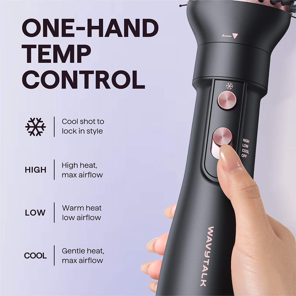 Rose Gold Air Sculpt 5 In 1 hair styling tool with temperature control buttons and 'Wavytalk' branding on a light purple background.
