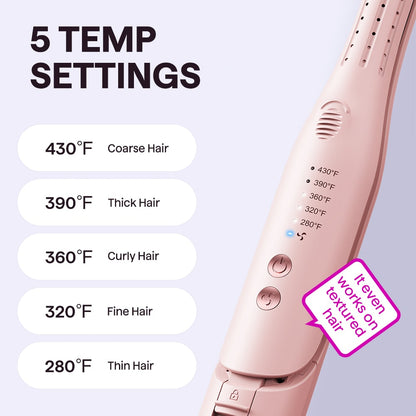 Pink Cool Curl Pencil hair straightener with temperature settings on a light purple background