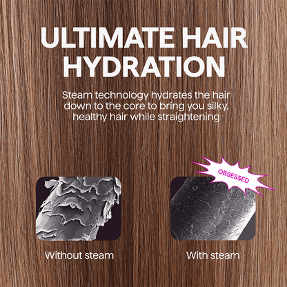 Advertisement for hair straightening product with steam technology on a wooden background.