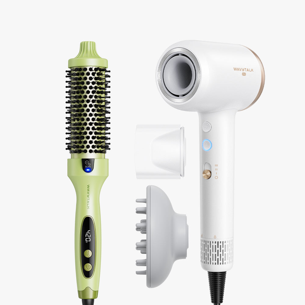 Green Blowout Boost and white Turblow Pro display on a white background