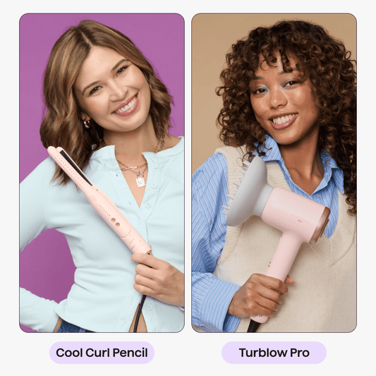 Two women holding hair styling tools labeled 'Cool Curl Pencil' and 'Turblow Pro' against different colored backgrounds.