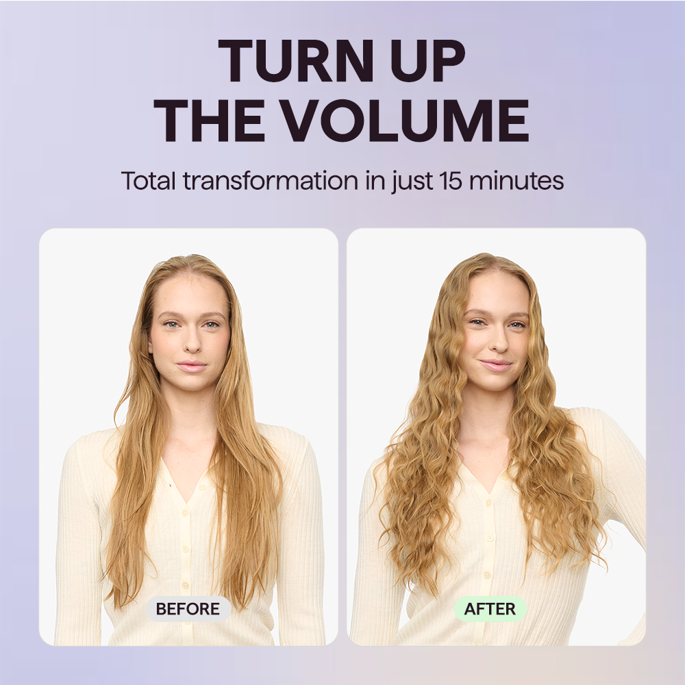 Before and after transformation of a woman's hair with text 'Turn Up The Volume' on a purple background.