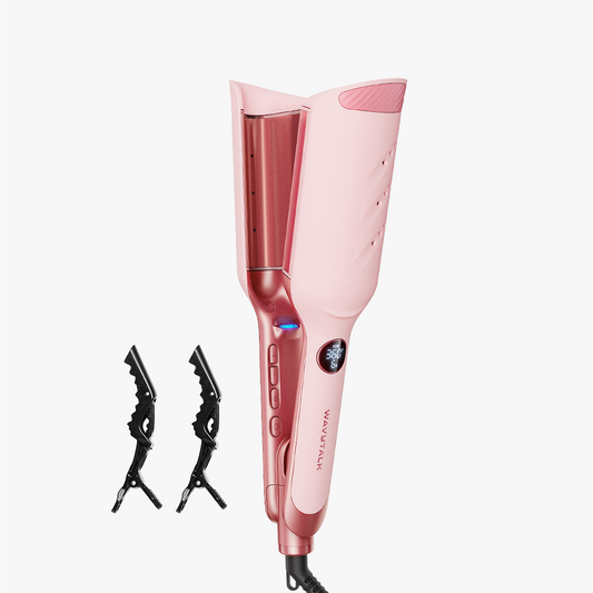 Pink hair straightener with black clips on a white background