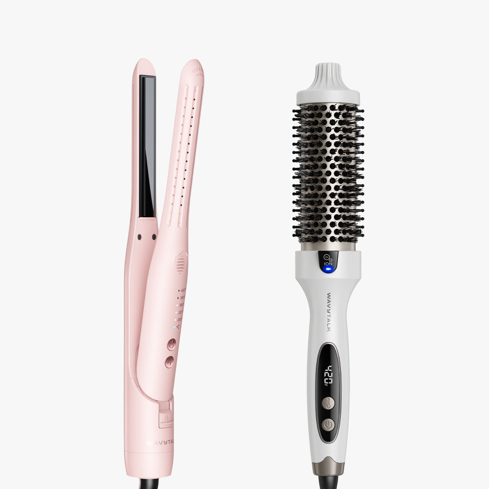 Pink Cool Curl Pencil and white Blowout Boost on a white background